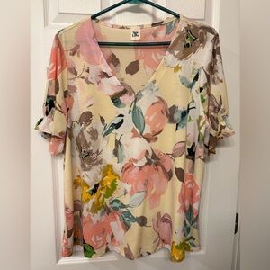 Sew in Love Floral V-Neck Partial Ruffle Sleeve Top